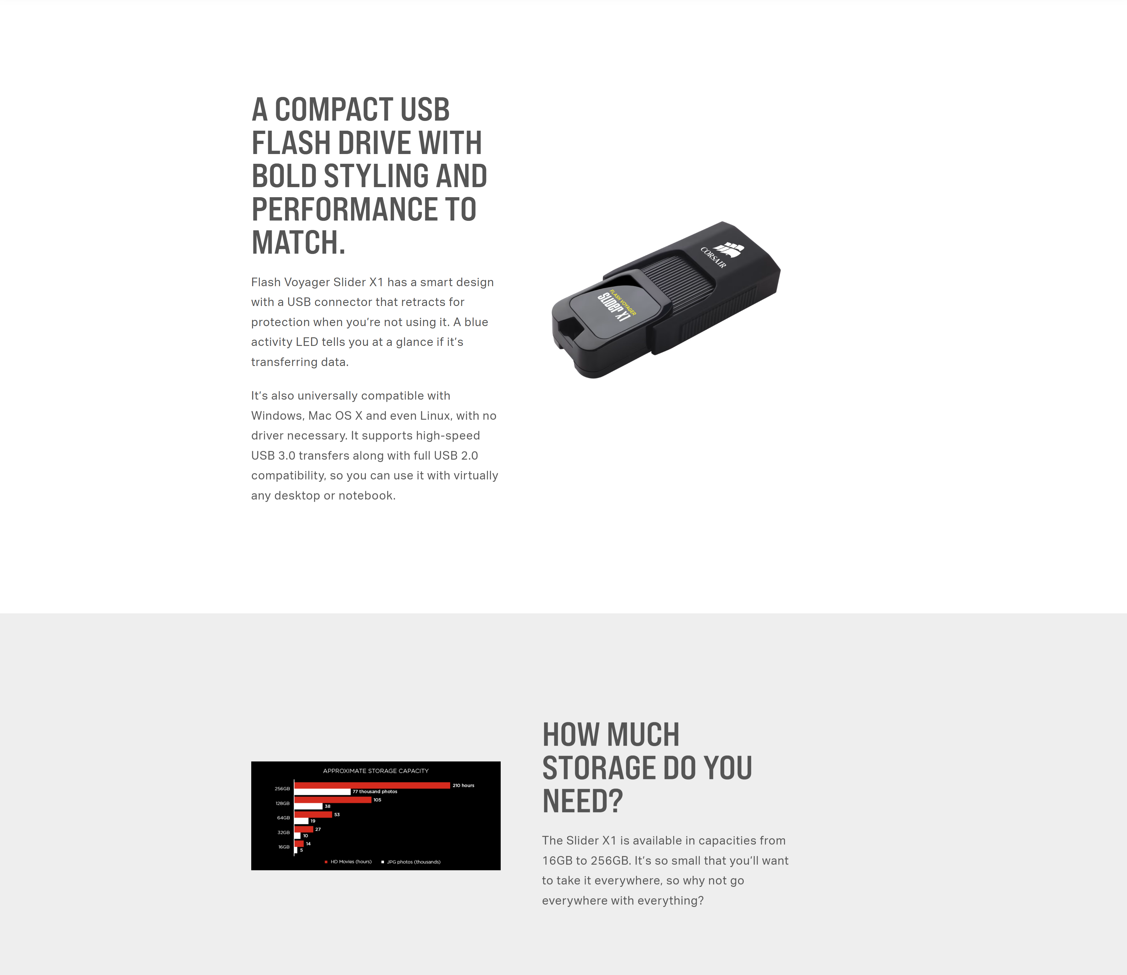 A large marketing image providing additional information about the product Corsair Flash Voyager Slider X1 256GB USB3.0 Flash Drive - Additional alt info not provided
